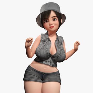 3D Curvy Girl in Denim Outfit Rigged  Stylized 3D Female Character