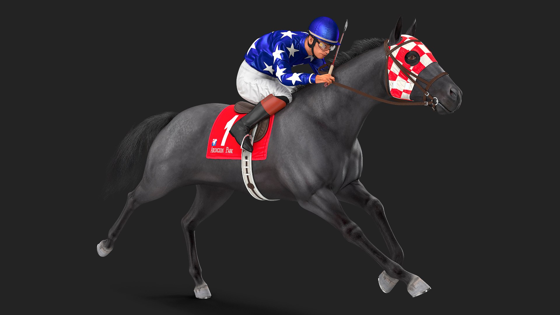 Black Racing Horse with Jockey Running Fur 3D model preview