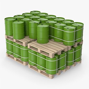 Stack Of Green Barrels On Wood Pallets