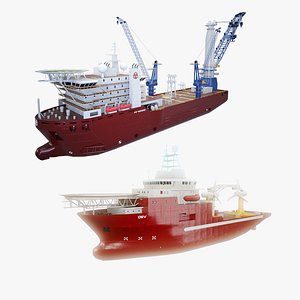 Offshore Support Vessel and Tidal Power Turbine and Crane Ship 3D model