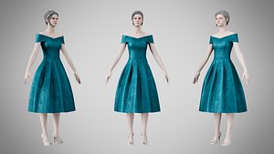 Dress 42 Teal Velvet With Design 3D