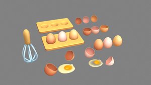 3D Cartoon eggs-egg tray-egg beater-eggshell-yolk-broken egg model