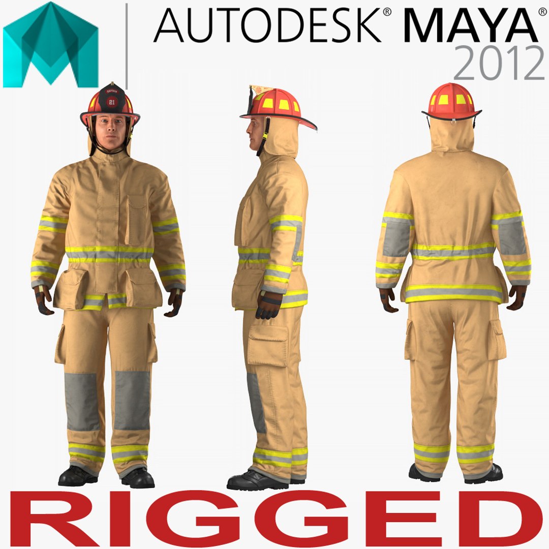 US Firefighter with Fully Protective Suit Rigged for Maya 3D Model 3D model preview