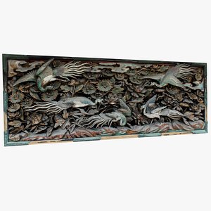 Japanese Ranma Wood Carving Cranes and Peonies