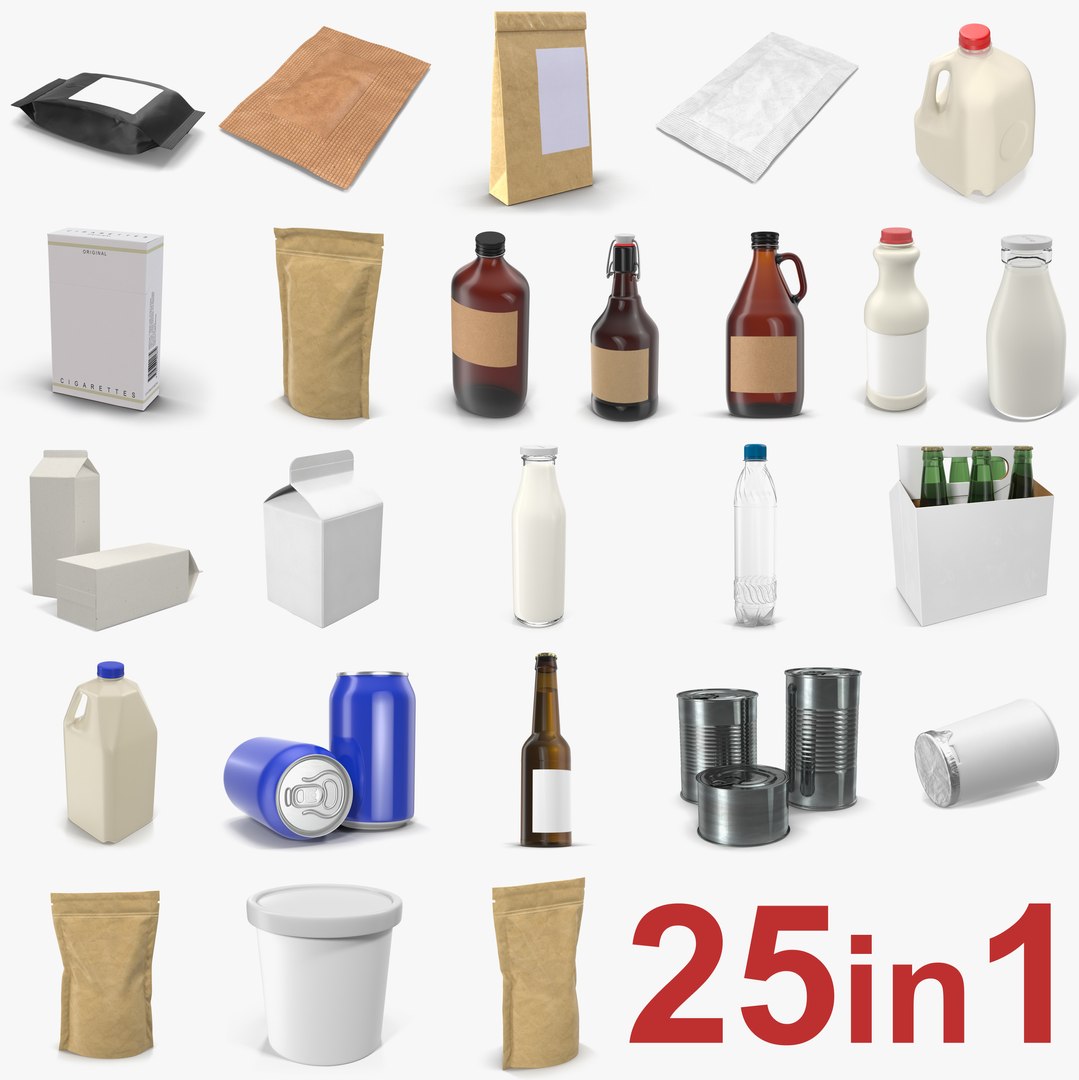 Food Packages and Bottles Collection 3D model preview