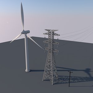 3D wind turbine power lines model