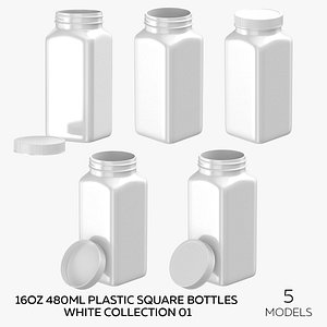 16oz 480ml Plastic Square Bottles White Collection 01 - 5 models 3D model