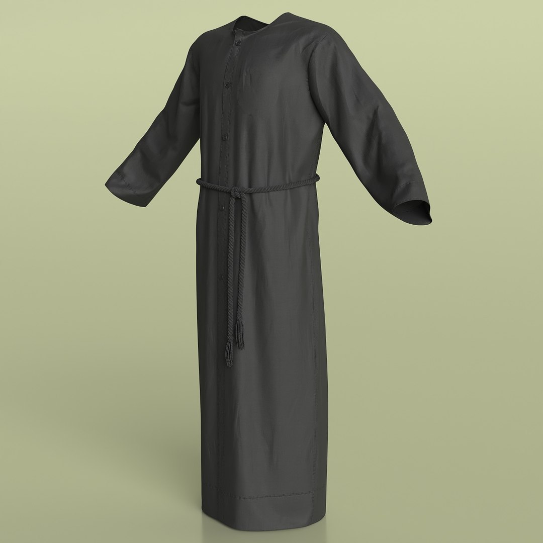 Black Long Robe with Belt 3D model preview