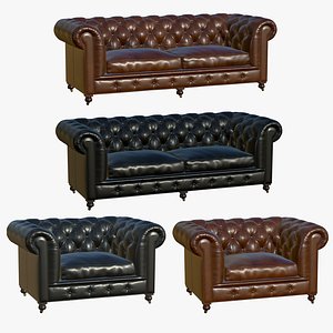 Chesterfield Realistic Leather Sofa Single And Double 3D
