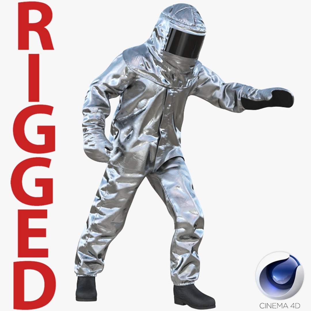 Firefighter Wearing Aluminized Chemical Protective Suit Rigged for Cinema 4D 3D model preview