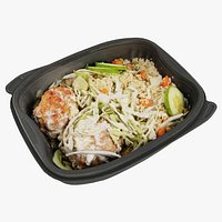 Poke bowl lunch box with pilaf cucumber meat ball and salad