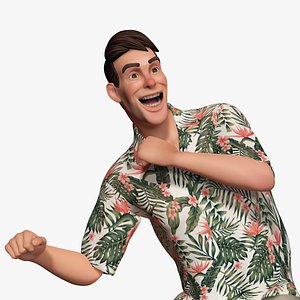 Stylized realism male celebration in Hawaiian shirt with energy