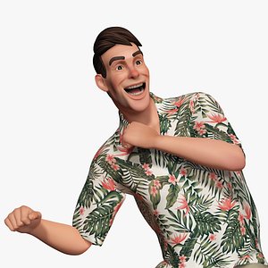 Stylized realism male celebration in Hawaiian shirt with energy