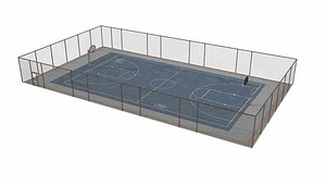 Outdoor Basketball Court with Fence and Dual Hoops 3D