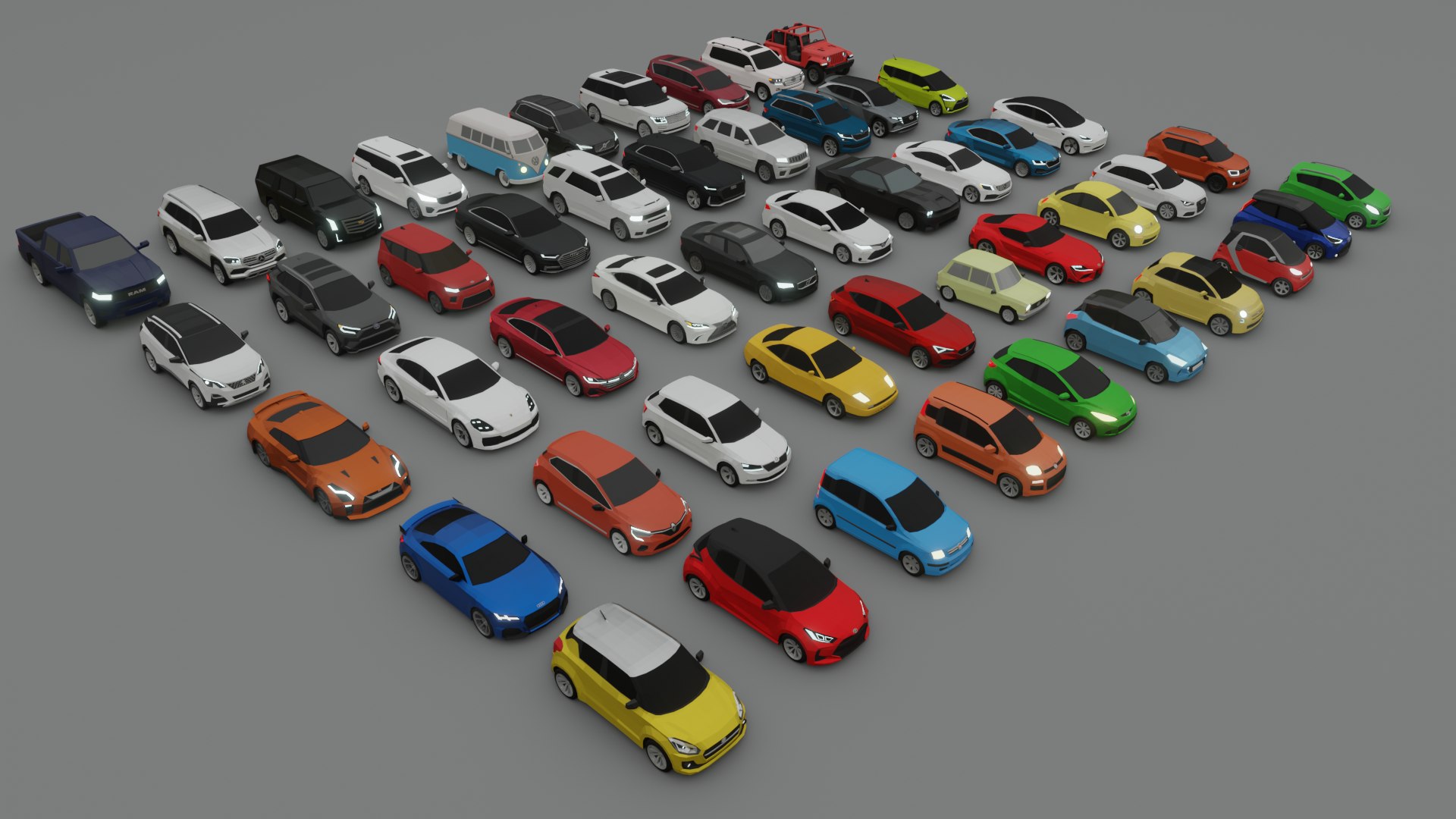 collection of 50 low poly cars 3D model https://p.turbosquid.com/ts-thumb/sY/dqHRDB/nF/50carspack03/png/1624728515/1920x1080/fit_q87/5e5b48f10d7e7480dfdcc40a3a5dd694c065b1d6/50carspack03.jpg