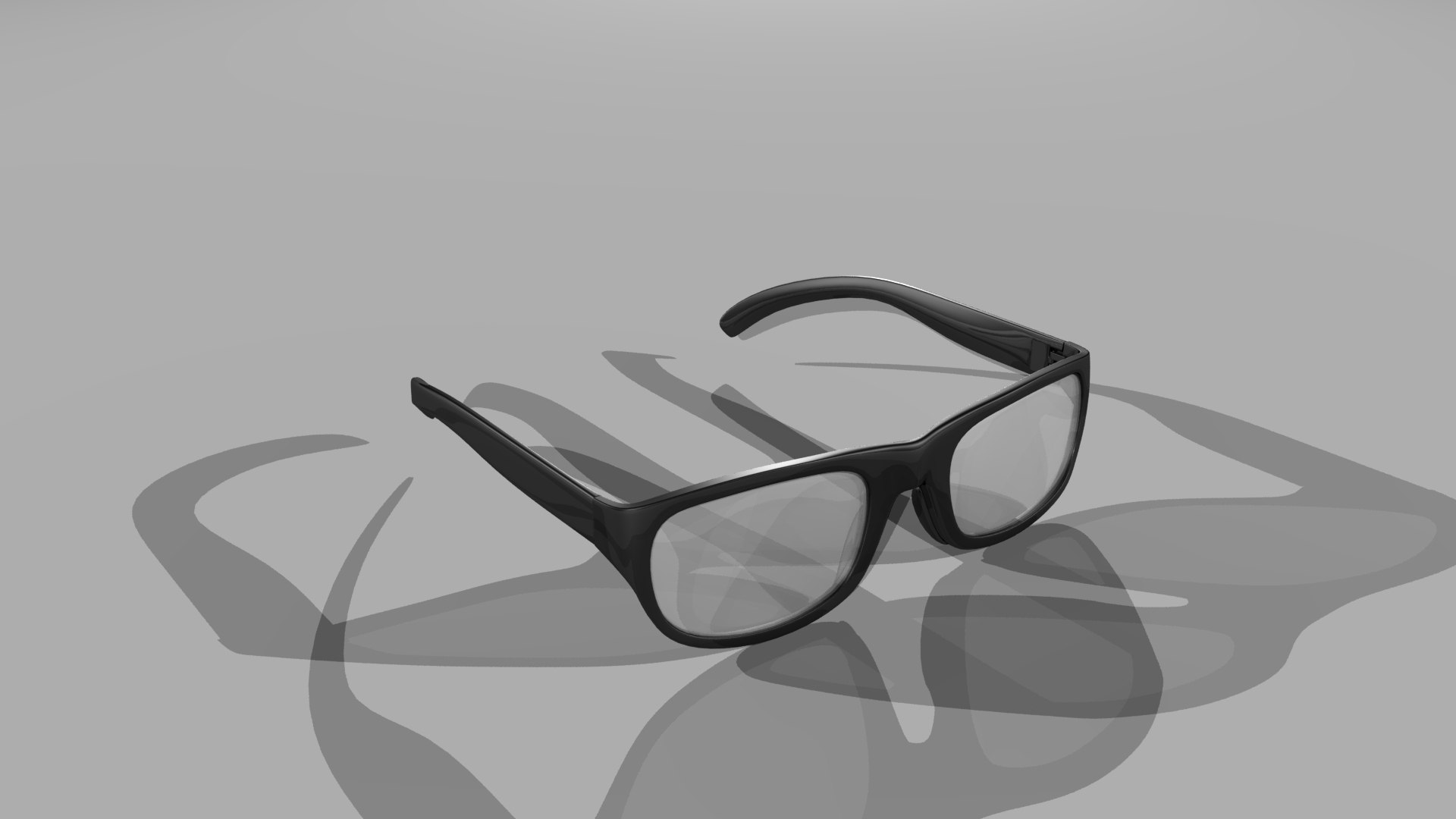 A 3D model of glasses. The glasses are rimless and reflect light, giving them a realistic appearance. They are likely intended for use in a digital environment, perhaps for character design or architectural visualization.