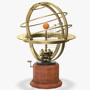 3D model Brass Solar System Orrery with Wooden Base Rigged for Cinema 4D