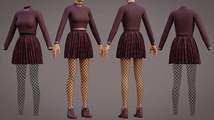 3D Grunge Fishnet Outfit - Turtleneck Crop top Plaid Pleated Skirt Fishnet Tights Gothic Clothing model