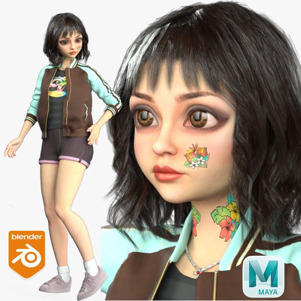 3D Cartoon Rigged Little Tattoo Girl-Annaya Character 3D Model model