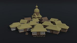 Low-poly Cartoon medieval Ukraine village asset Polygonal Style