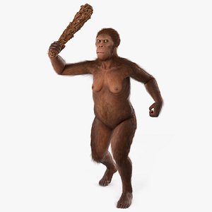 Prehistoric Hominid with Wooden Club in Attack Pose Fur