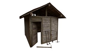 Old Wooden Farm Shed With Tools 3D Model Rural Storage Hut PBR Game Ready 3D model