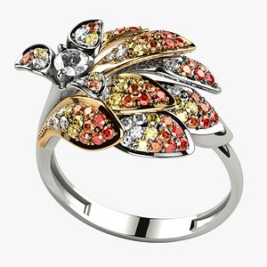 3mm Diamond Mixed Gold Flower Shape Luxury Ring 3D