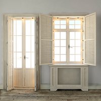 Scandinavian windows with shutters and lamps