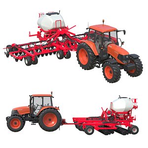 Kubota M130X1 Tractor and Seed Drill 3D model