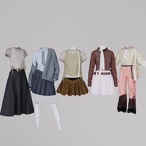 Stylized Female Outfit Bundle Pack 3D Clothing Collection