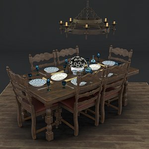 medieval dining table chair 3D model