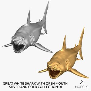 3D Great White Shark With Open Mouth Silver and Gold Collection 01 - 2 models