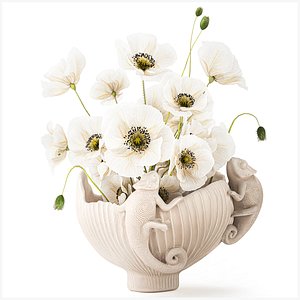 Beautiful bouquet wildflower white Poppy chameleon vase 3D model