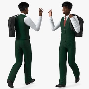 Black Teenager Light Skin School Uniform Walking 3D
