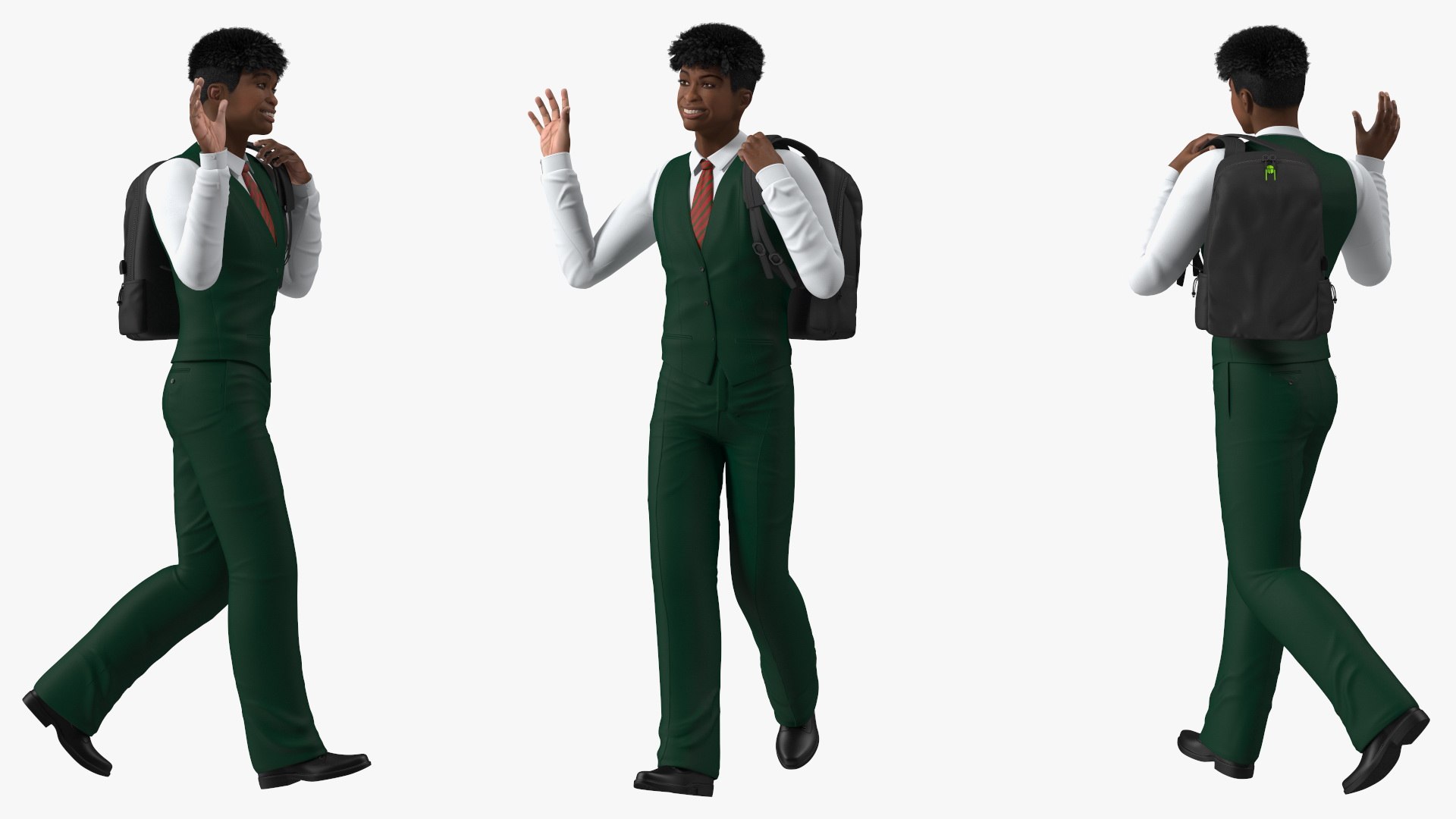 Black Teenager Light Skin School Uniform Walking 3D model preview
