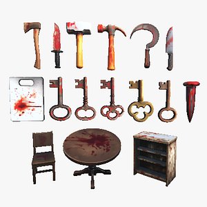 3D Model Horror Bloody Weapons Tools Furniture Set/Props