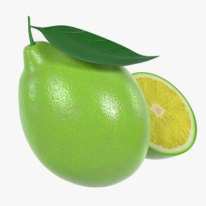 3D Fresh lemon with slice and leaf green