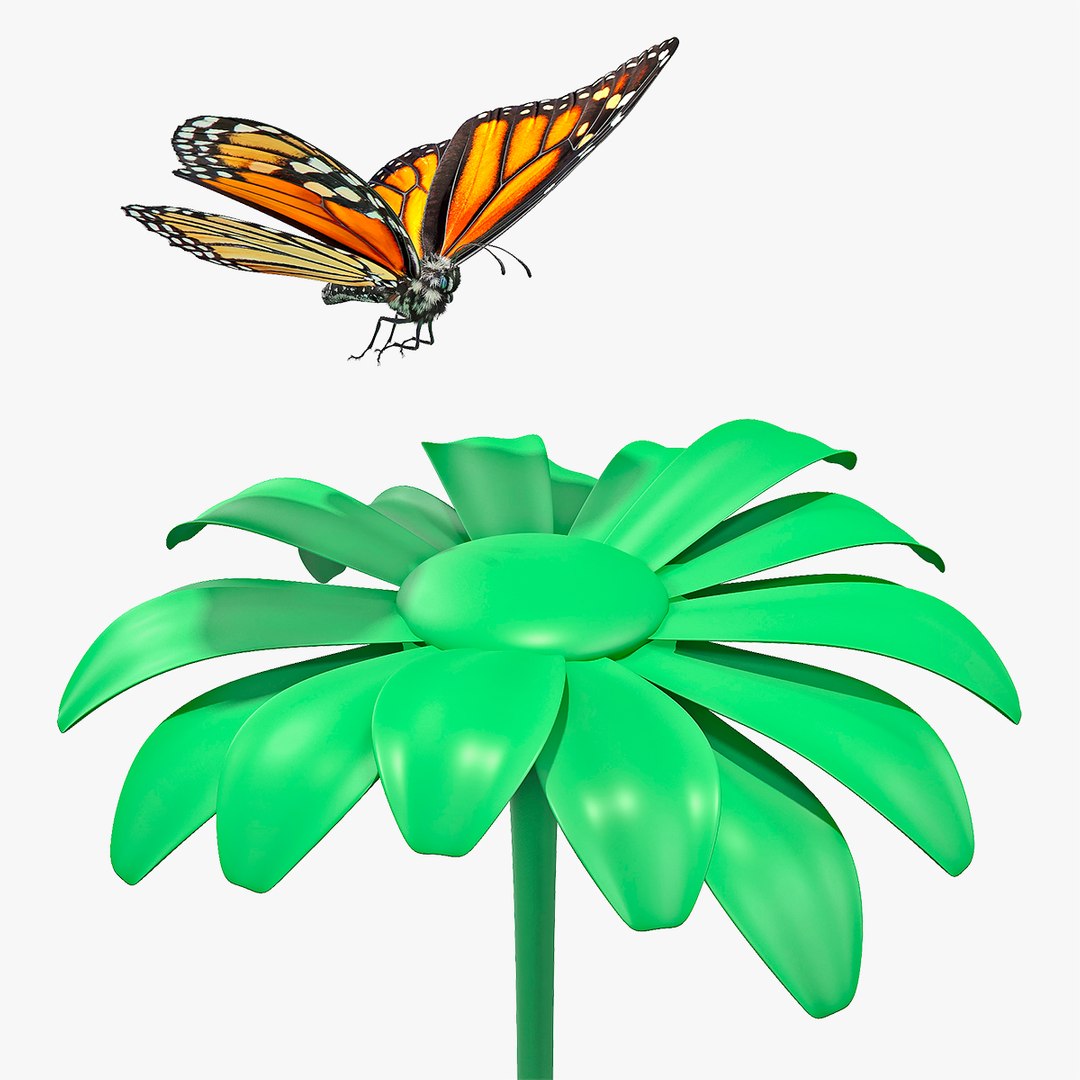 Animated Monarch Butterfly Sits on Flower Rigged for Cinema 4D 3D model preview