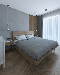 Bedroom with wooden bed 3D