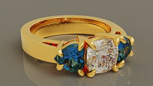 Cathedral style prong set cushion square and heart shape diamond three stone ring