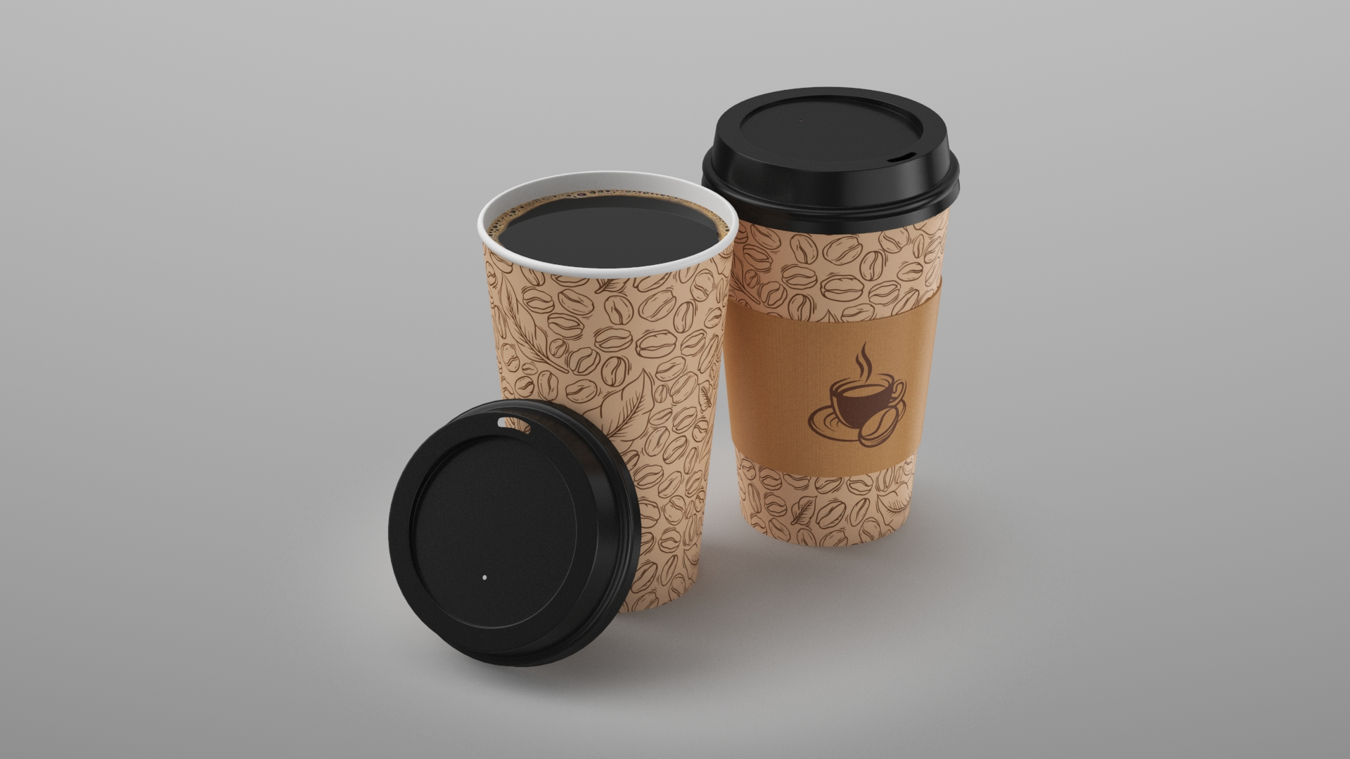 Black Paper Coffee Cup No Sleeve 3D, Incl. to go cup & cafe