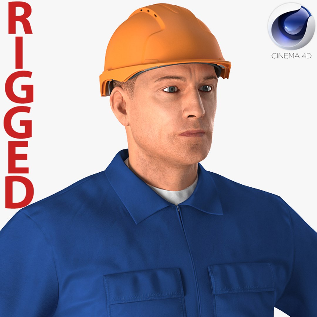 Construction Worker Wearing Blue Overalls Rigged for Cinema 4D 3D model preview