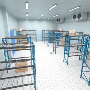Cold Logistics Zone with Steel Shelves and Blue Wall Door