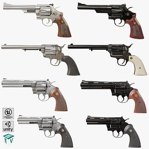 8 Revolver Silver And Black Rigged Collection All PBR Unity UE Textures 3D