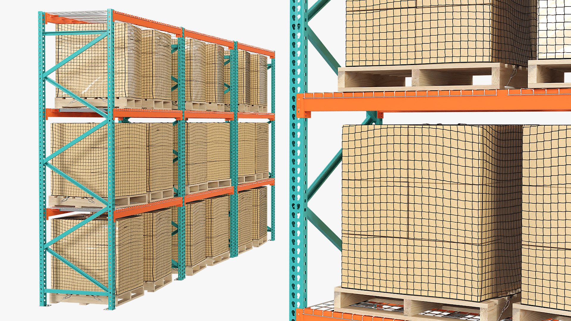 Triple-Bay Industrial Racking with Wrapped Pallets Green 3D model preview