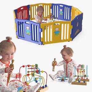 Little Girl in Playpen with Toys