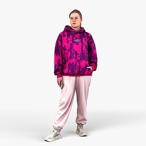 3D Girl in a Oversized Pink Hoodie