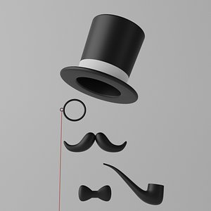 3D Top Hat Moustache Bow Tie Monocle Tobacco Pipe model