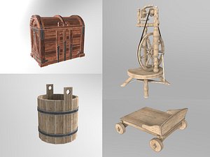 wooden chest, spinning wheel, truck, bucket pack
