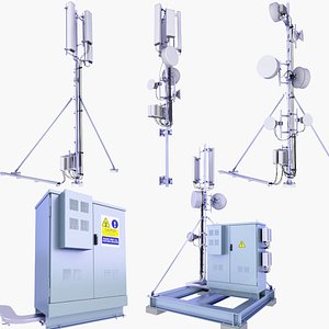 3D 4 Roof Cell Phone Towers and Base Station Box SET